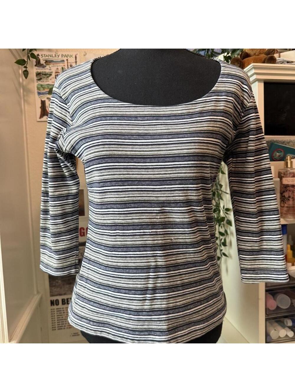 Fashion Bug Y2K Navy White Olive Striped Structured 3/4 Sleeve Top